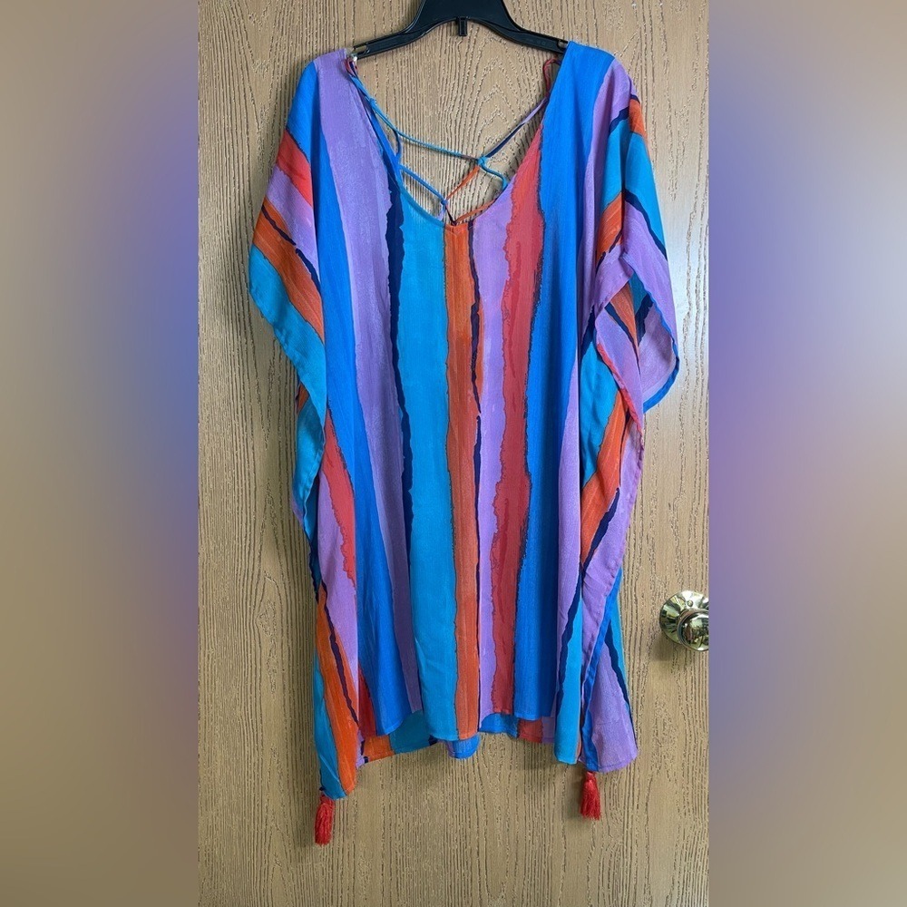 Palisades Beach Club Striped Caftan Coverup Polyester Multicolor Strappy Back